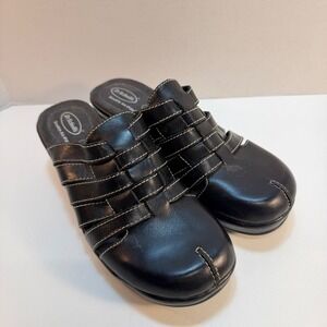 Dr Scholls Womens Black Leather Woven Slip On Clogs Mules Shoes Brenna 7 1/2 7.5